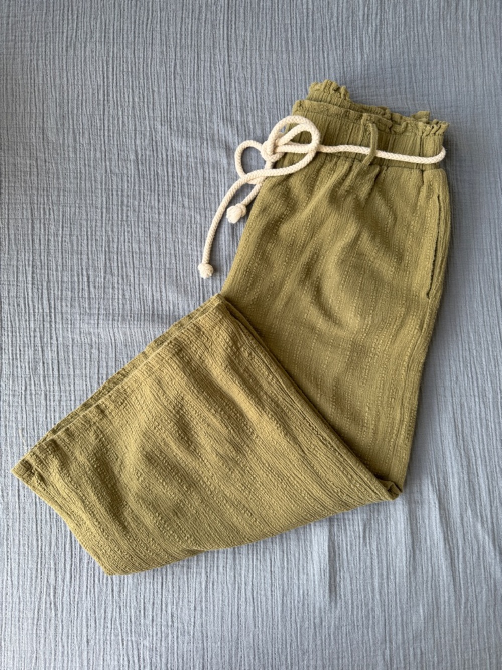 Olive Green Wide-Leg Pants with Elastic Waist-EUC